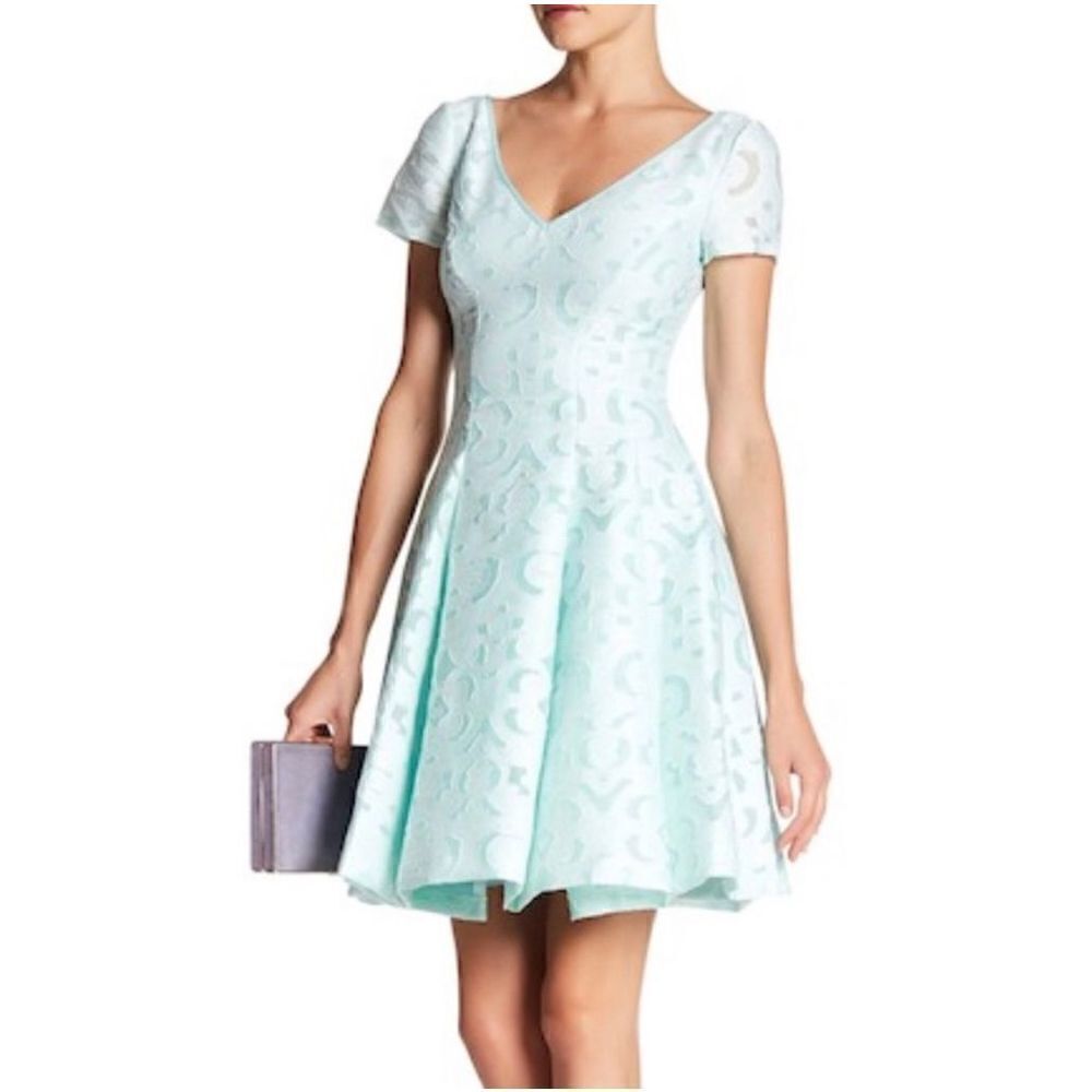 NUE by Shani NEW mint white lace fit and flare short sleeved skater dress v neck